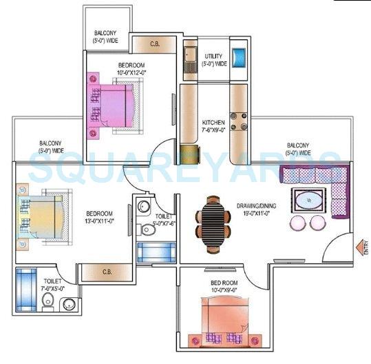 Floor plan of 3 BHK 1248 Sq. Ft. Apartment in Ajnara Daffodil, Noida
