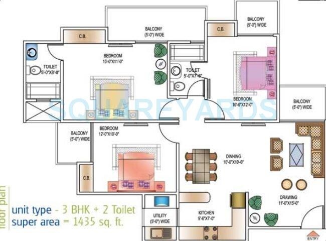 Floor plan of 3 BHK 1435 Sq. Ft. Apartment in Ajnara Daffodil, Noida