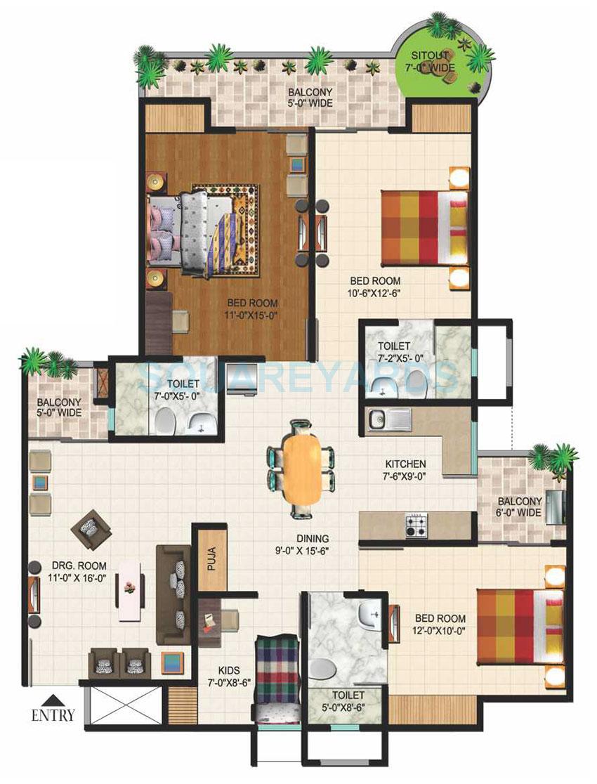 Floor plan of 3 BHK 1690 Sq. Ft. Apartment in Ajnara Daffodil, Noida