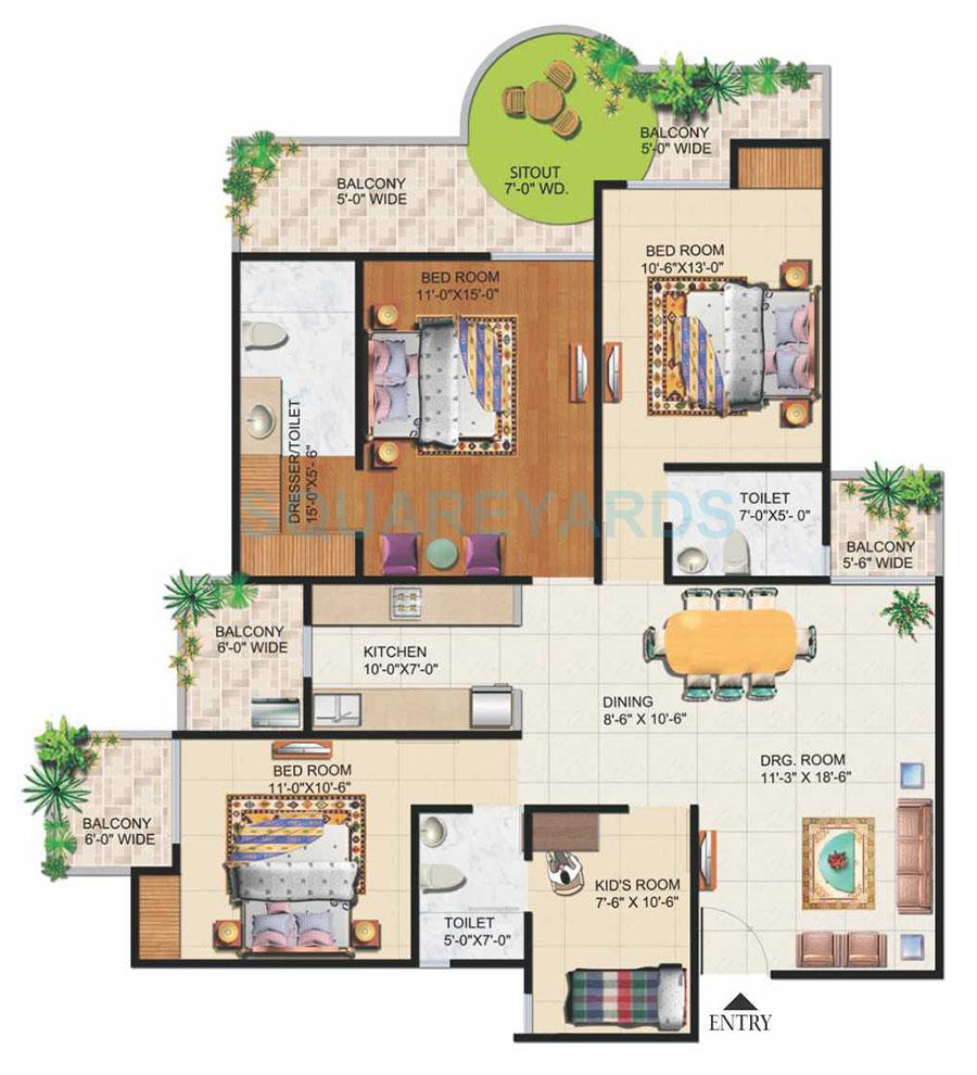 Floor plan of 3 BHK 1815 Sq. Ft. Apartment in Ajnara Daffodil, Noida