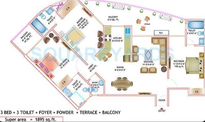 Floor plan of 3 BHK 1895 Sq. Ft. Apartment in Ajnara Daffodil, Noida