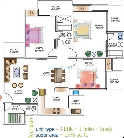 Floor plan of 3 BHK 1576 Sq. Ft. Apartment in Ajnara Daffodil, Noida