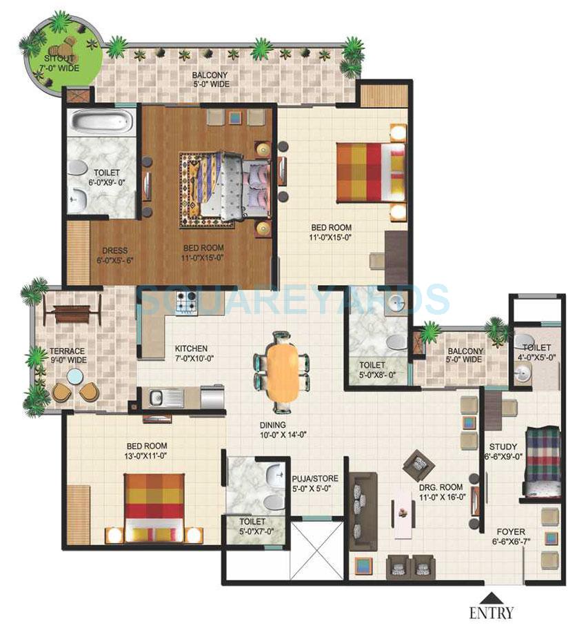 Floor plan of 3 BHK 2045 Sq. Ft. Apartment in Ajnara Daffodil, Noida