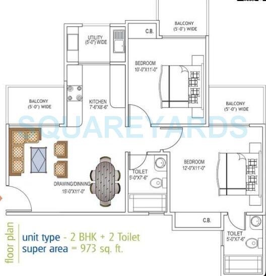 Floor plan of 2 BHK 973 Sq. Ft. Apartment in Ajnara Daffodil Phase 2, Noida