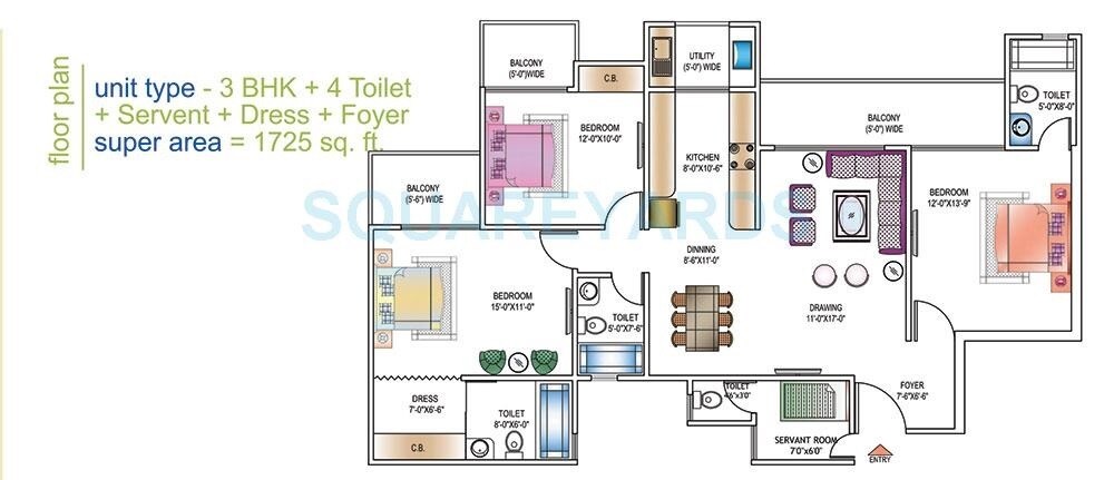Floor plan of 3 BHK 1725 Sq. Ft. Apartment in Ajnara Daffodil Phase 2, Noida