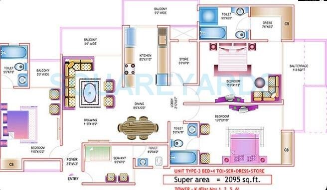 Floor plan of 3 BHK 2095 Sq. Ft. Apartment in Ajnara Daffodil Phase 2, Noida
