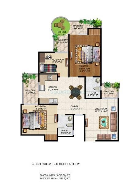 Floor plan of 2 BHK 1295 Sq. Ft. Apartment in Ajnara Grand Heritage, Noida