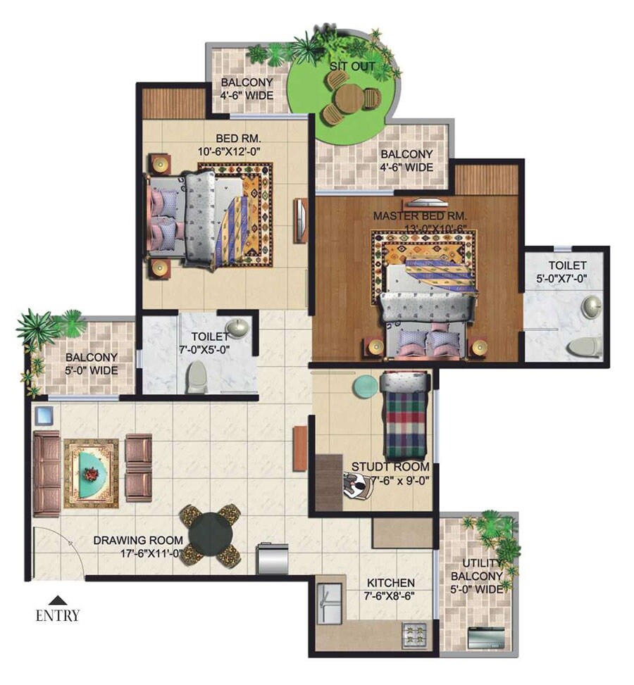 Floor plan of 2 BHK 1195 Sq. Ft. Apartment in Ajnara Grand Heritage, Noida