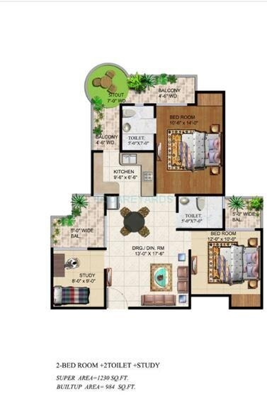Floor plan of 2 BHK 1230 Sq. Ft. Apartment in Ajnara Grand Heritage, Noida