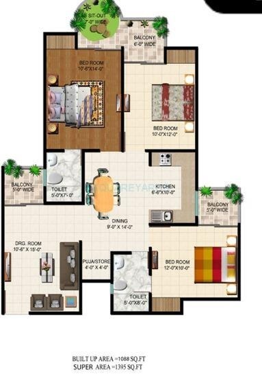 Floor plan of 3 BHK 1395 Sq. Ft. Apartment in Ajnara Grand Heritage, Noida