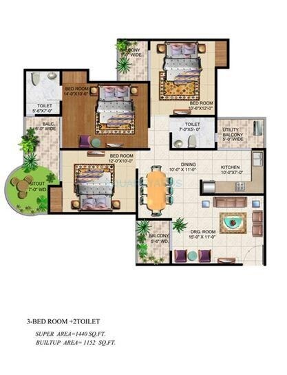 Floor plan of 3 BHK 1440 Sq. Ft. Apartment in Ajnara Grand Heritage, Noida