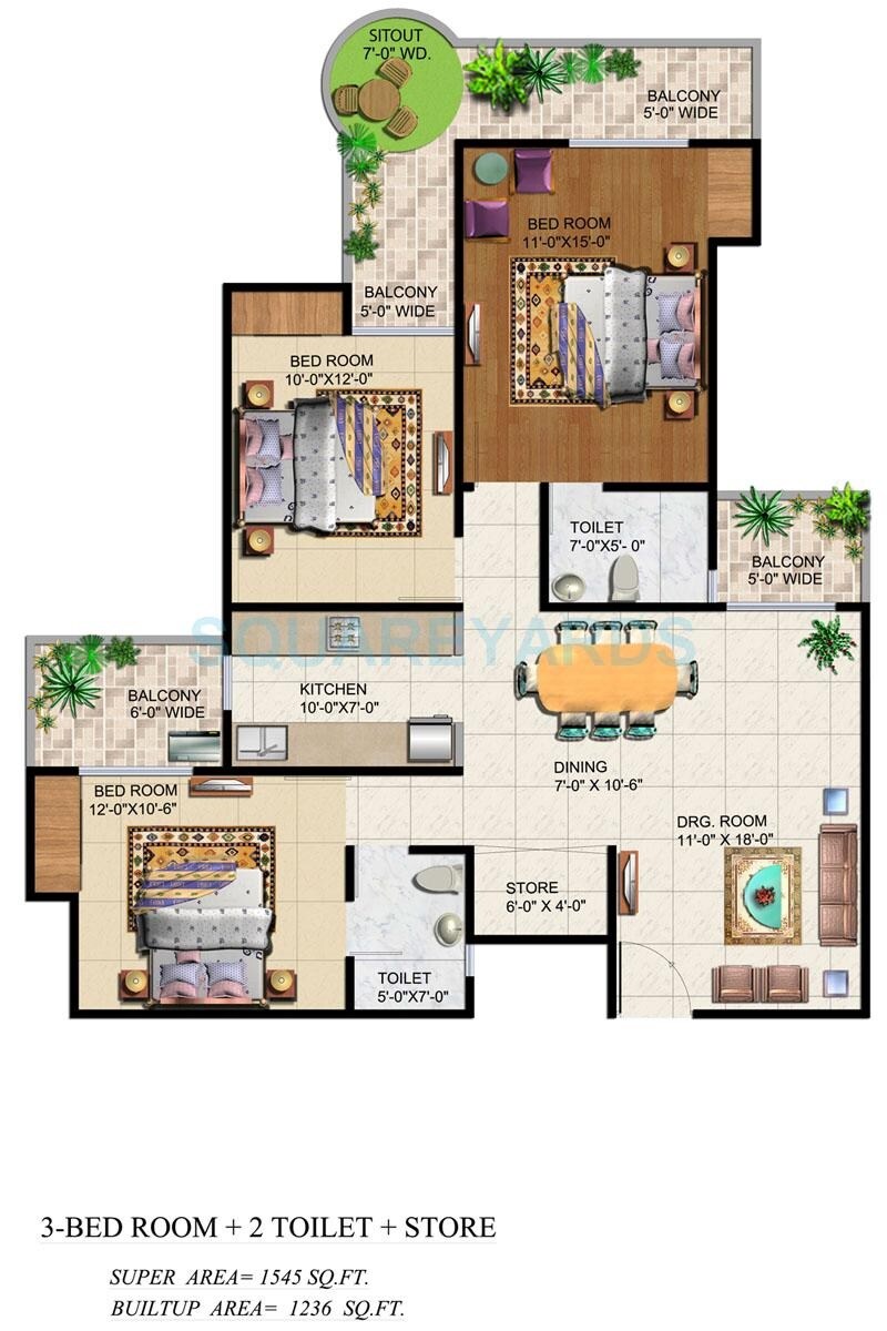 Floor plan of 3 BHK 1545 Sq. Ft. Apartment in Ajnara Grand Heritage, Noida