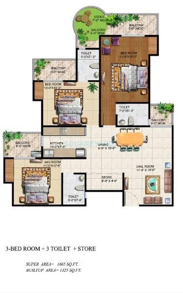 Floor plan of 3 BHK 1665 Sq. Ft. Apartment in Ajnara Grand Heritage, Noida