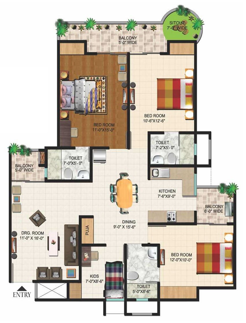 Floor plan of 3 BHK 1690 Sq. Ft. Apartment in Ajnara Grand Heritage, Noida