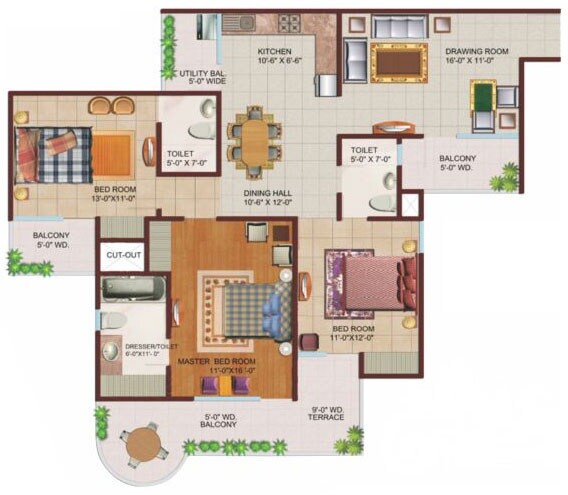 Floor plan of 3 BHK 1795 Sq. Ft. Apartment in Ajnara Grand Heritage, Noida