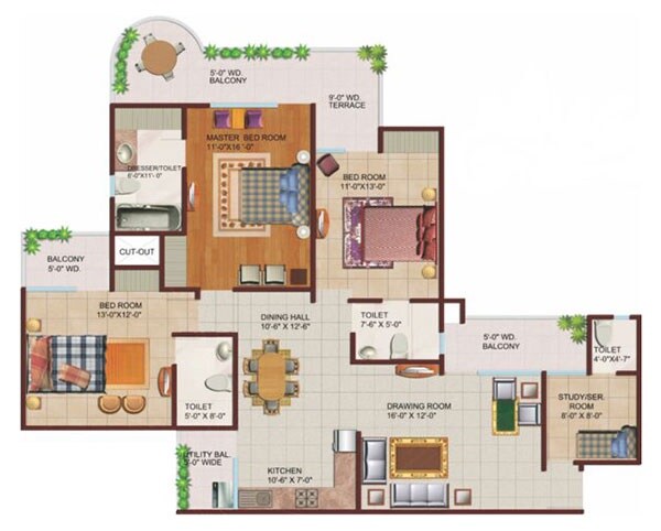 Floor plan of 3 BHK 2025 Sq. Ft. Apartment in Ajnara Grand Heritage, Noida