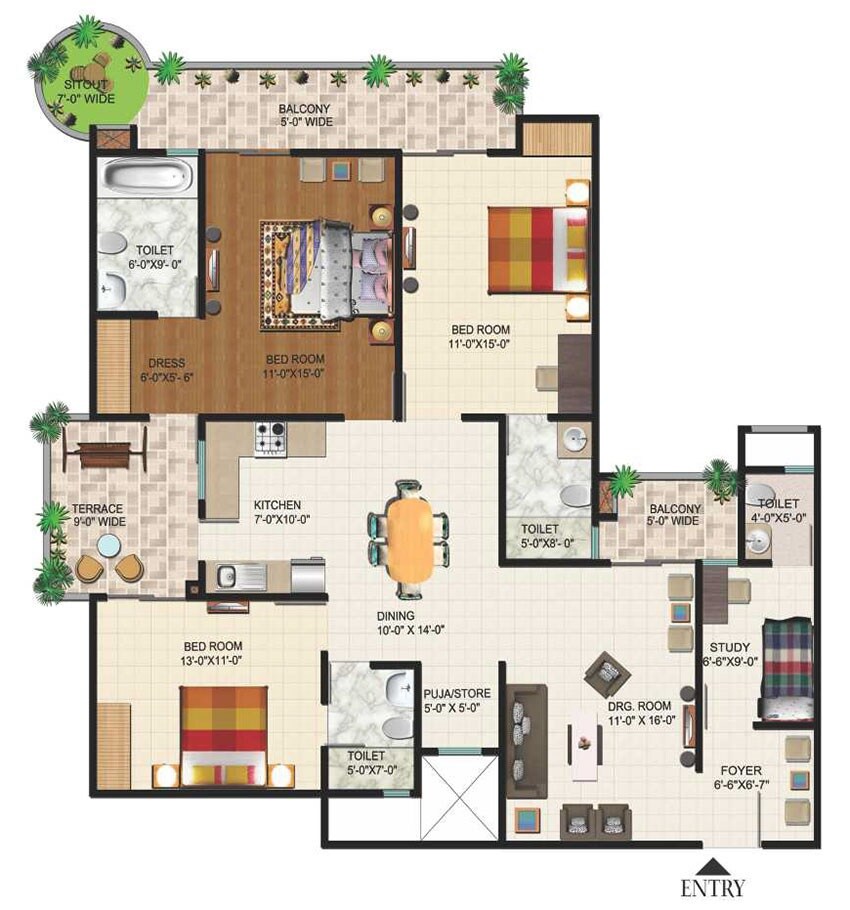 Floor plan of 3 BHK 2045 Sq. Ft. Apartment in Ajnara Grand Heritage, Noida