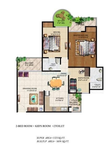 Floor plan of 2 BHK 1325 Sq. Ft. Apartment in Ajnara Grand Heritage Phase 2, Noida