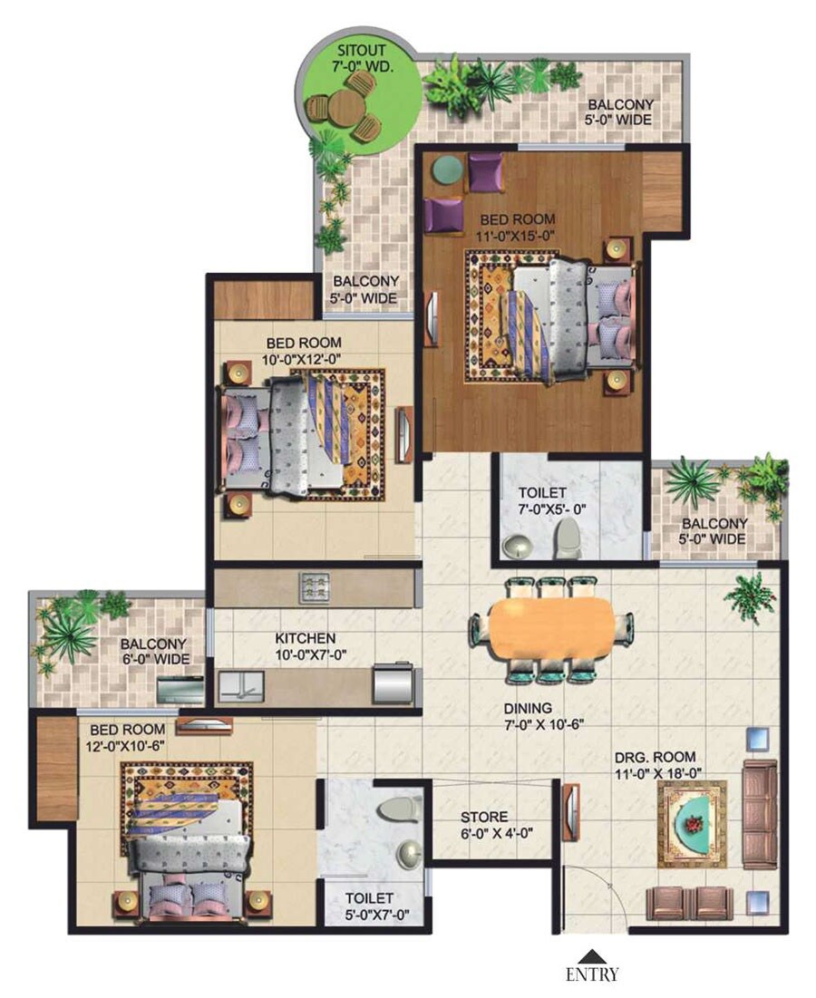 Floor plan of 3 BHK 2045 Sq. Ft. Apartment in Ajnara Grand Heritage Phase 2, Noida