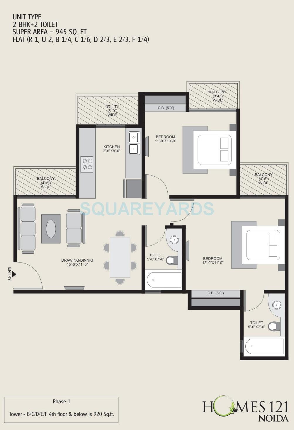 Floor plan of 2 BHK 945 Sq. Ft. Apartment in Homes 121, Noida