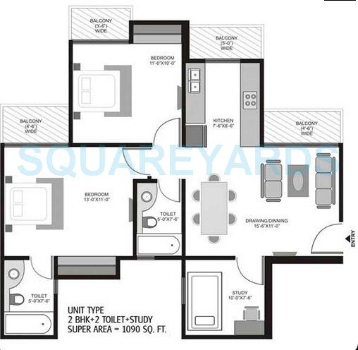 Floor plan of 2 BHK 1090 Sq. Ft. Apartment in Homes 121, Noida