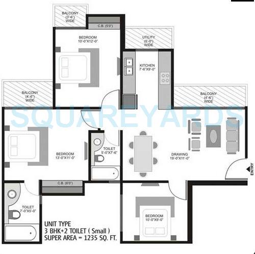 Floor plan of 3 BHK 1235 Sq. Ft. Apartment in Homes 121, Noida