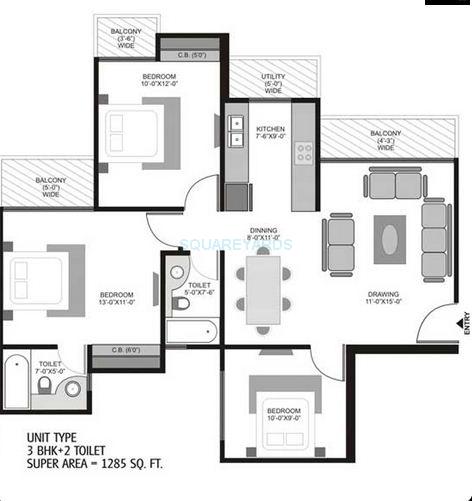 Floor plan of 3 BHK 1285 Sq. Ft. Apartment in Homes 121, Noida