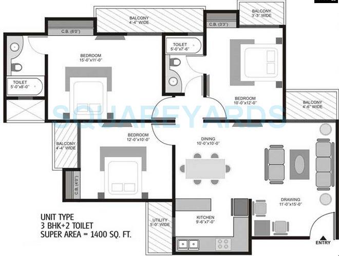 Floor plan of 3 BHK 1400 Sq. Ft. Apartment in Homes 121, Noida