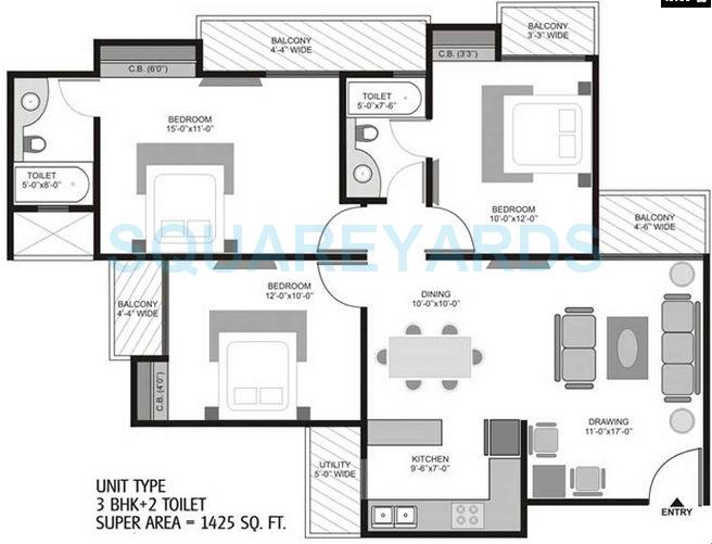 Floor plan of 3 BHK 1425 Sq. Ft. Apartment in Homes 121, Noida