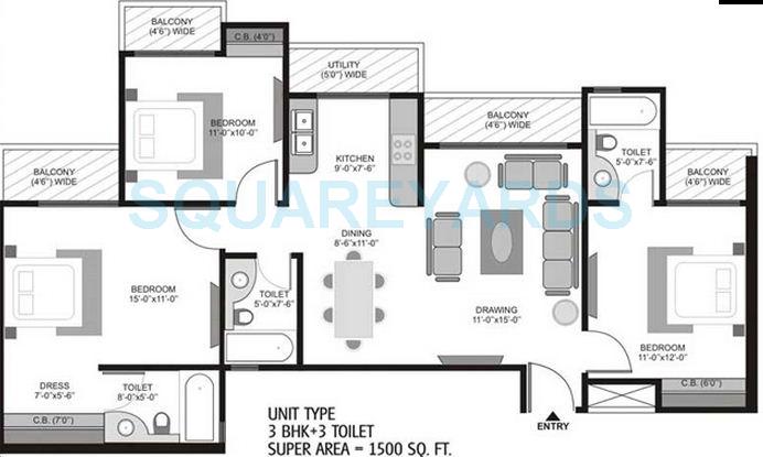 Floor plan of 3 BHK 1500 Sq. Ft. Apartment in Homes 121, Noida
