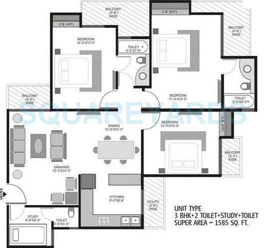 Floor plan of 3 BHK 1585 Sq. Ft. Apartment in Homes 121, Noida