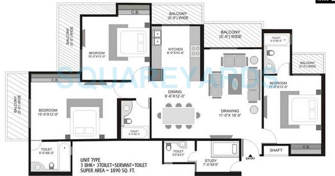 Floor plan of 3 BHK 1890 Sq. Ft. Apartment in Homes 121, Noida