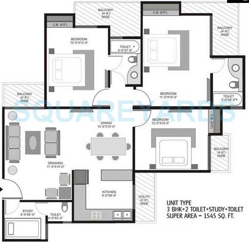 Floor plan of 3 BHK 1545 Sq. Ft. Apartment in Homes 121, Noida