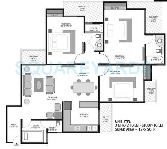 Floor plan of 3 BHK 1575 Sq. Ft. Apartment in Homes 121, Noida