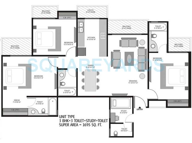 Floor plan of 3 BHK 1695 Sq. Ft. Apartment in Homes 121, Noida