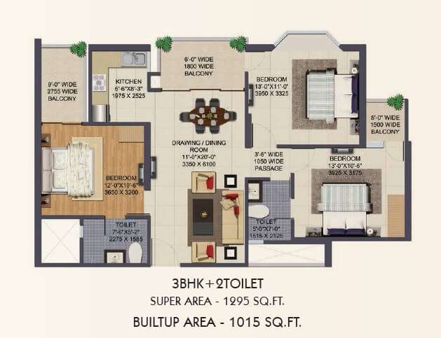 3 BHK 1295 Sq. Ft. Apartment in Ajnara Klock Tower