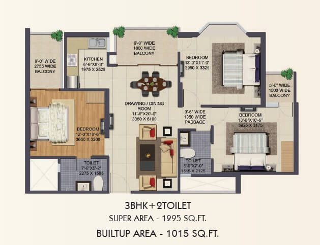 Floor plan of 3 BHK 1295 Sq. Ft. Apartment in Ajnara Klock Tower, Noida