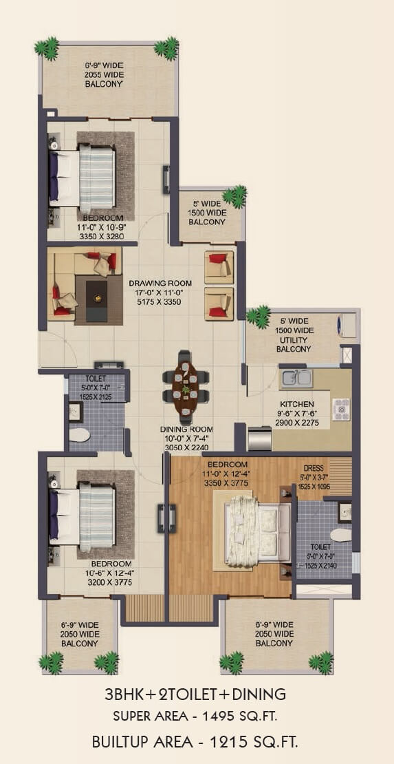 Floor plan of 3 BHK 1495 Sq. Ft. Apartment in Ajnara Klock Tower, Noida