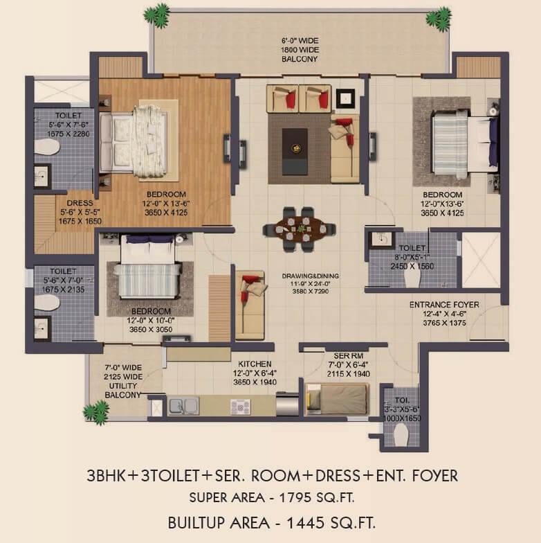 Floor plan of 3 BHK 1795 Sq. Ft. Apartment in Ajnara Klock Tower, Noida