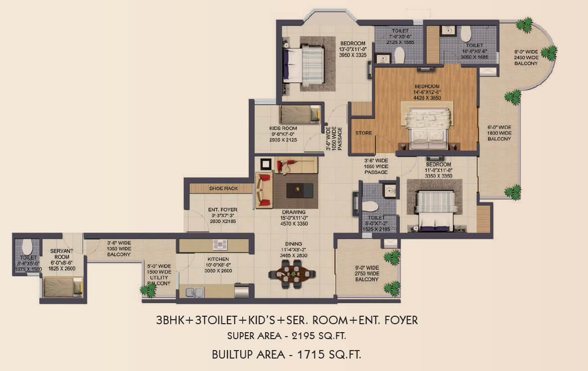Floor plan of 3 BHK 2195 Sq. Ft. Apartment in Ajnara Klock Tower, Noida
