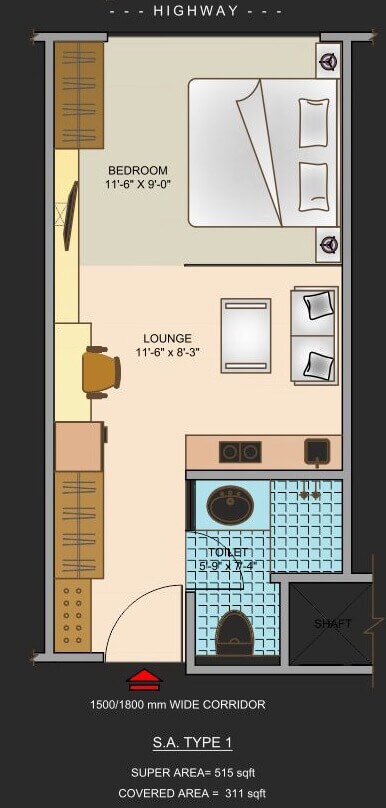 Floor plan of 515 Sq. Ft. Studio in Ajnara Megaleio, Noida