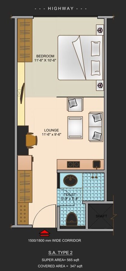 Floor plan of 565 Sq. Ft. Studio in Ajnara Megaleio, Noida
