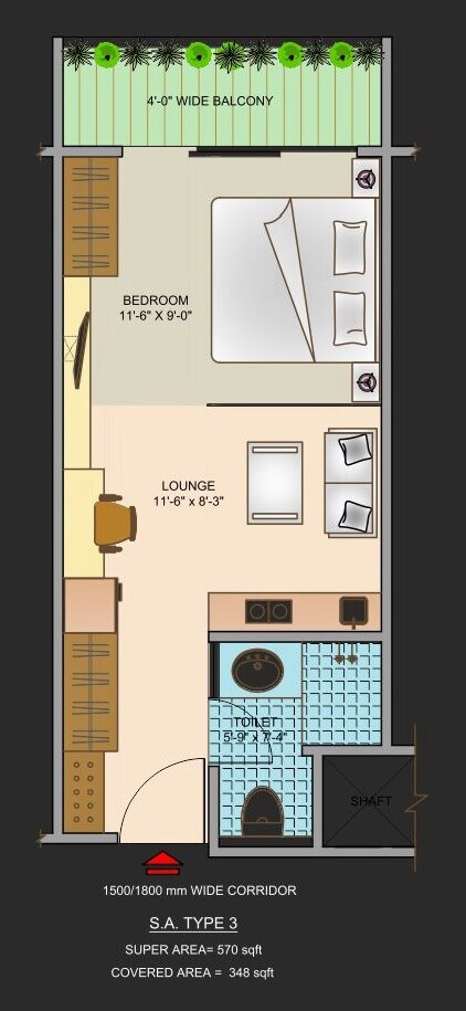 Floor plan of 570 Sq. Ft. Studio in Ajnara Megaleio, Noida