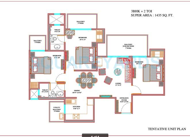 Floor plan of 3 BHK 1435 Sq. Ft. Apartment in Ajnara The Belvedere, Noida