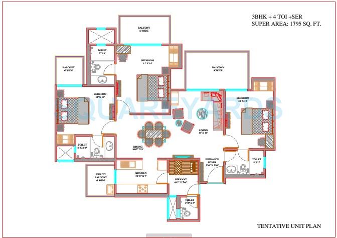 Floor plan of 3 BHK 1795 Sq. Ft. Apartment in Ajnara The Belvedere, Noida