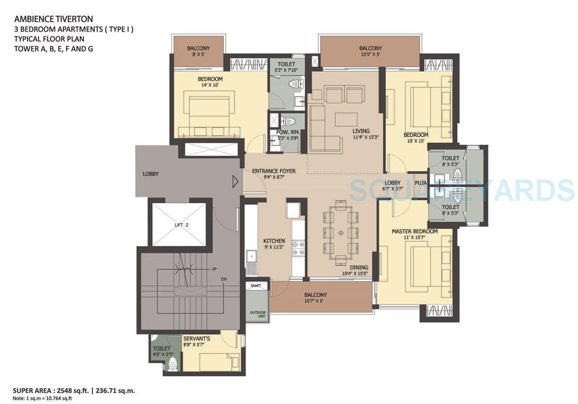 Floor plan of 3 BHK 2548 Sq. Ft. Apartment in Ambience Tiverton, Noida
