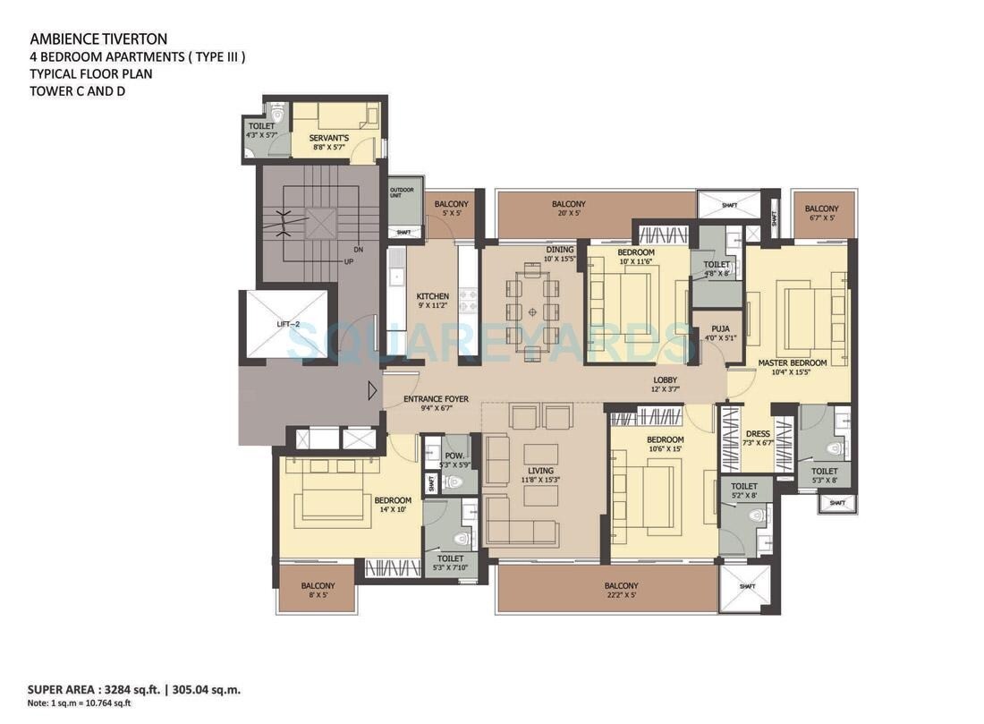 Floor plan of 4 BHK 3284 Sq. Ft. Apartment in Ambience Tiverton, Noida