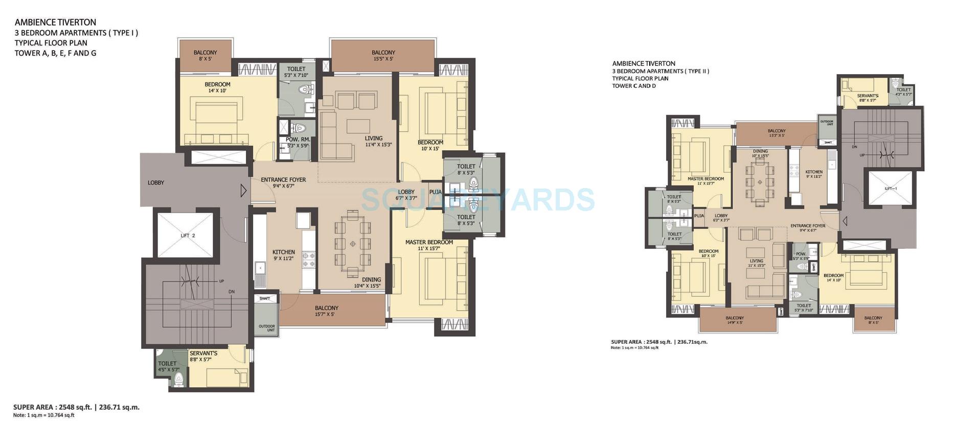 Floor plan of 3 BHK 2548 Sq. Ft. Apartment in Ambience Tivertone, Noida