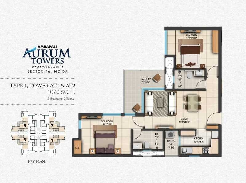 Floor plan of 2 BHK 1070 Sq. Ft. Apartment in Amrapali Aurum Towers, Noida