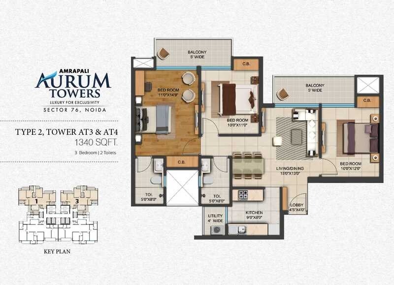 Floor plan of 3 BHK 1340 Sq. Ft. Apartment in Amrapali Aurum Towers, Noida